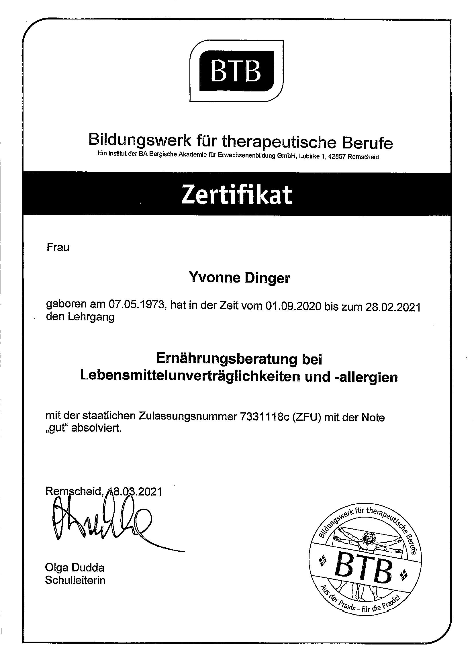 Zertifikat Ernährungsberatung Yvonne Dinger Lebensmittelunverträglichkeit