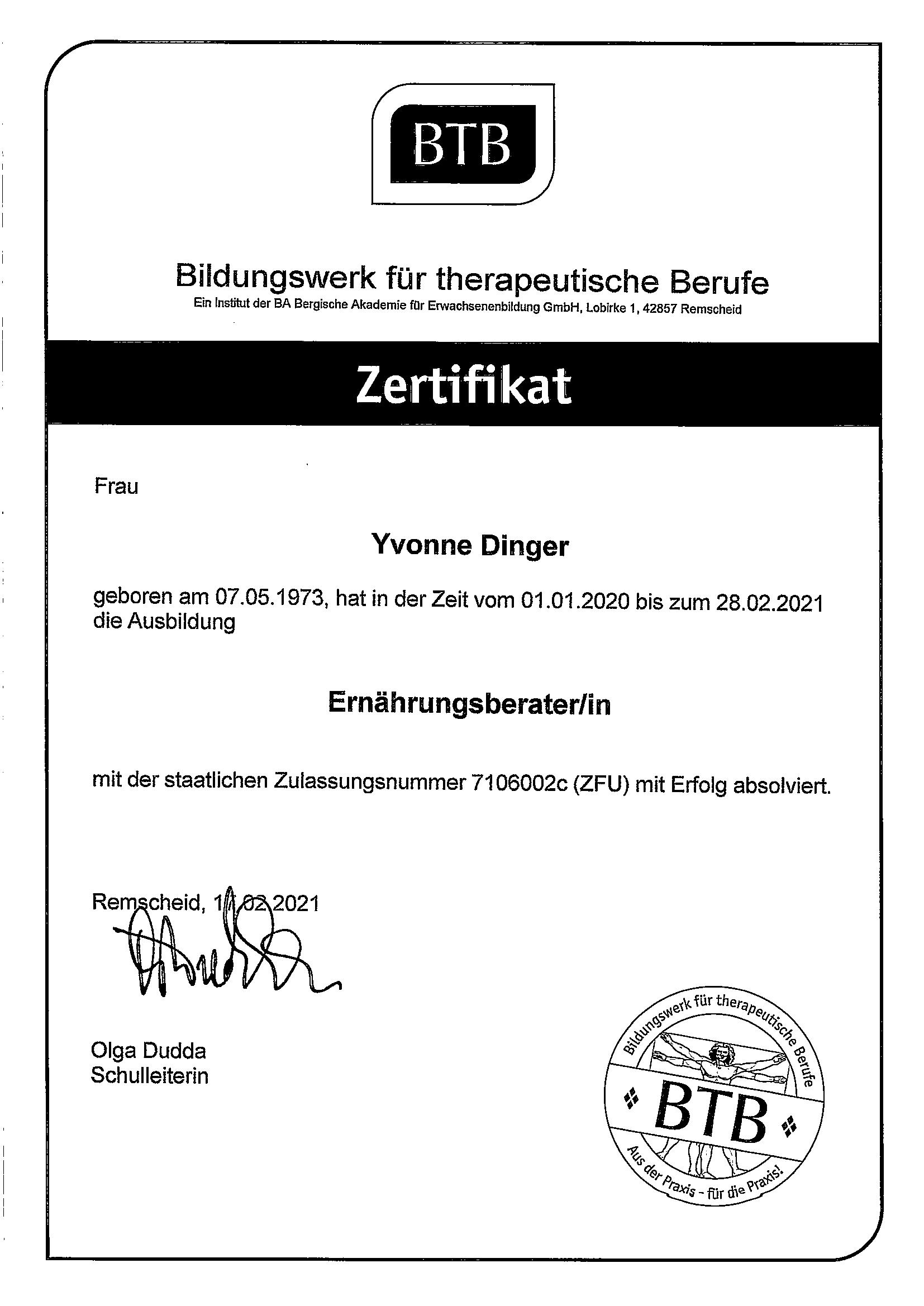 Zertifikat Ernährungsberaterin Yvonne Dinger